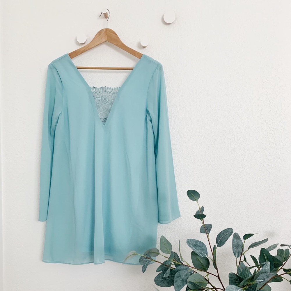 Light Blue Mini Dress, Lace Detail, Open Back